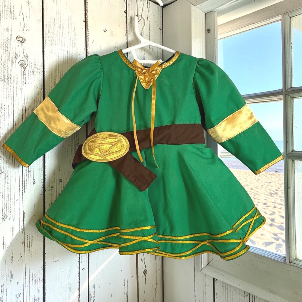 Vintage Costume Dress Bubbles Baby 9M Green Cotton Blend Gold Trim Link Elf
